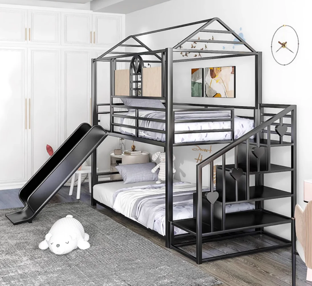 Children's bed, up and down, two layers, high and low, mother and child bed, with sliding slide combination ladder cabinet, prin