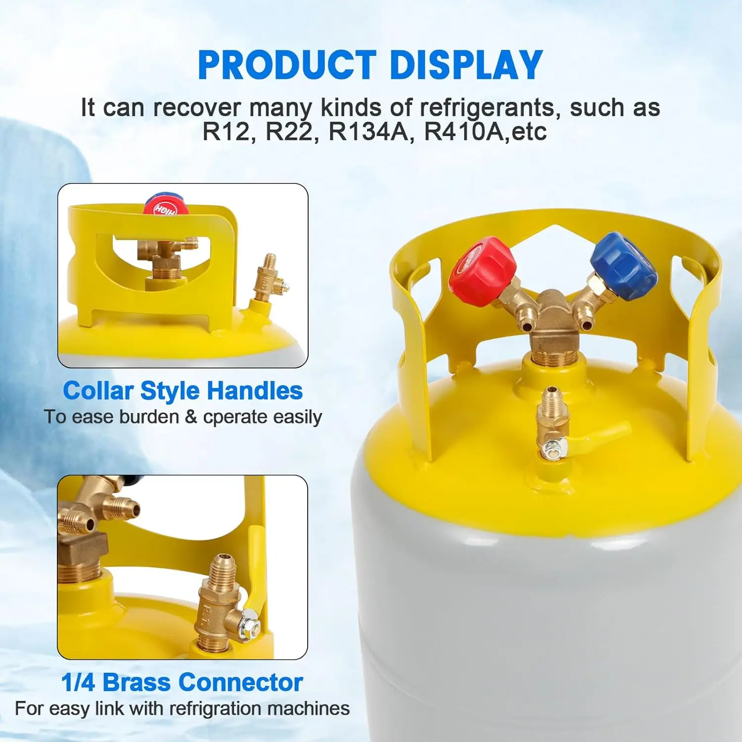خزان استرداد المبردات القابل لإعادة الاستخدام بقدرة 50 رطل - أسطوانة فريون تيار متردد 1/4 SAE Y-Valve لـ R12، R22، R134A، R410A | خزان استعادة السائل/البخار