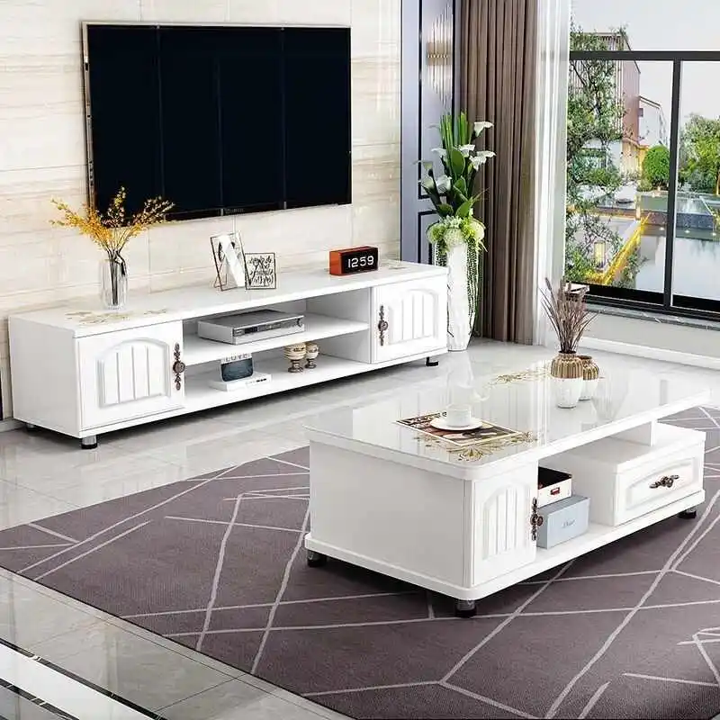 

Modern TV Stand and Coffee Table Set with Glass Top for Living Room Panel Wood Style