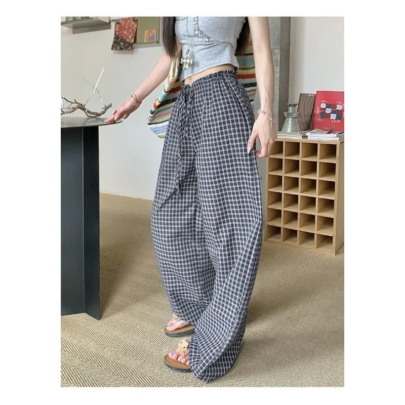 Damen-Hose mit weitem Bein, schwarz-weiß kariert, mit Blasenmuster, Baumwolle, elastische Taille, Kordelzug, Freizeithose