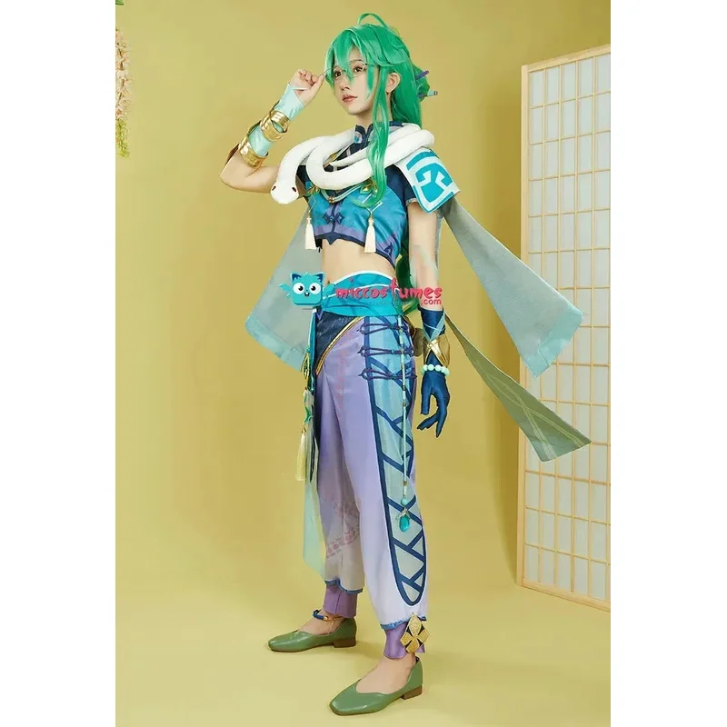 Miccostumes Unisex Baizhu Cosplay Costume Top Pants Set with Cloak and Accessoriesv;2,r'6;t.