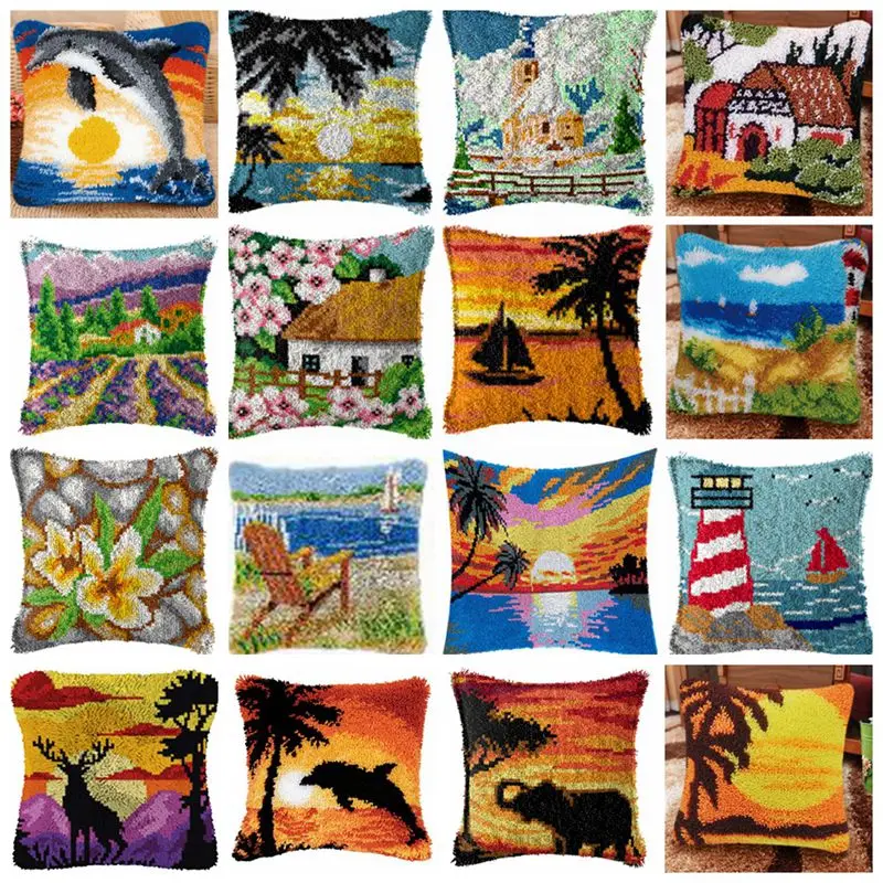 

Scenery Latch Hook Kit Cushion Pillowcase Kussen Knooppakket Knoopkussen Latch Hook Kits DIY Knot Pillow Packages For Needlework