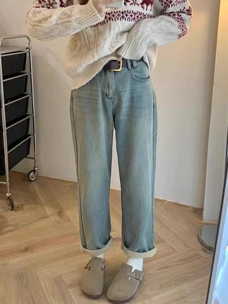 

Джинсы женские зимние больших размеров, свободные, с высокой талией, прямые, широкие штанины, из денима, модель Pear ape