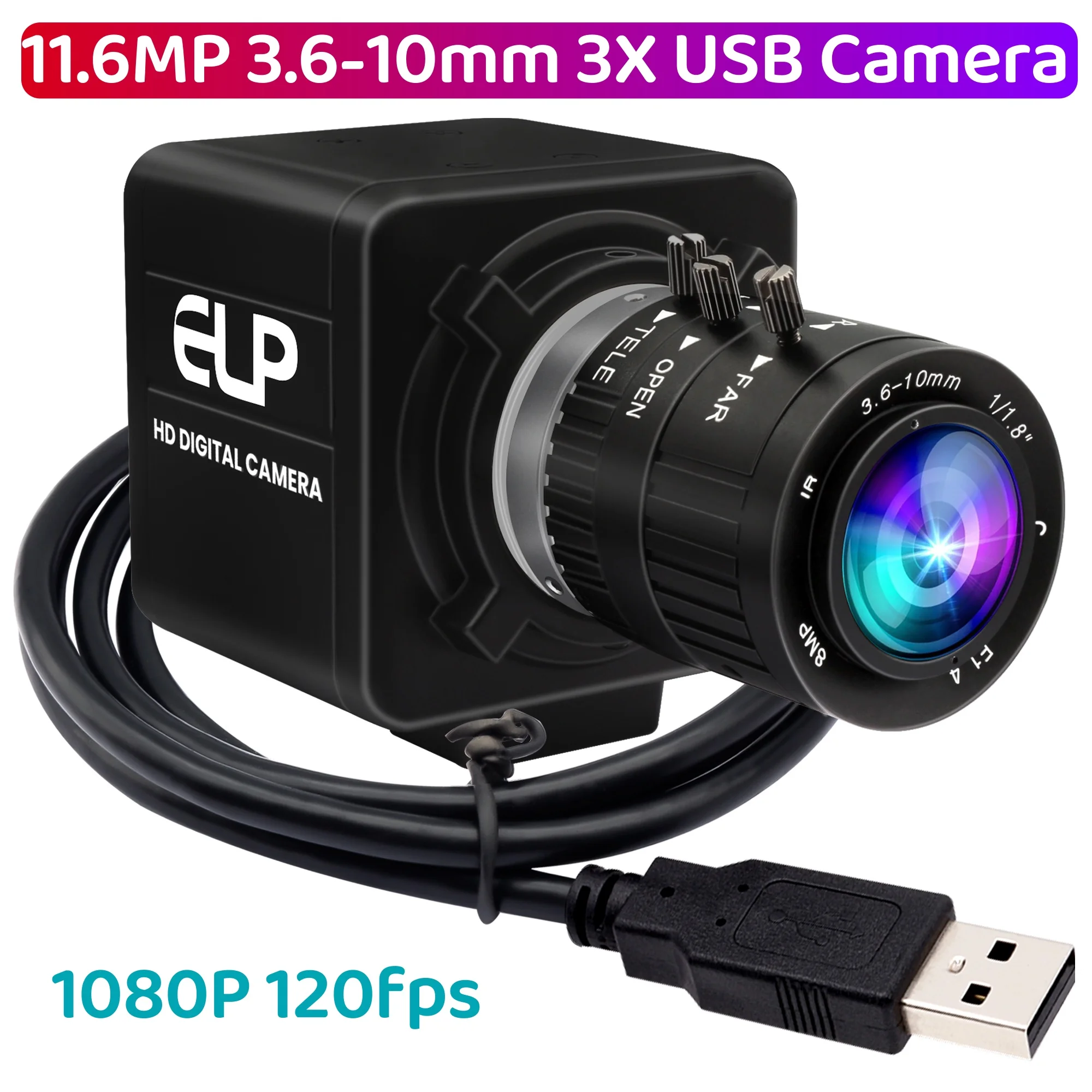 ELP 11.6 MP 1080P High Speed 120fps Ultra HD USB Camera 3.6-10mm 3X Varifocal USB Video Webcam Plug&Play For Golf High Sport