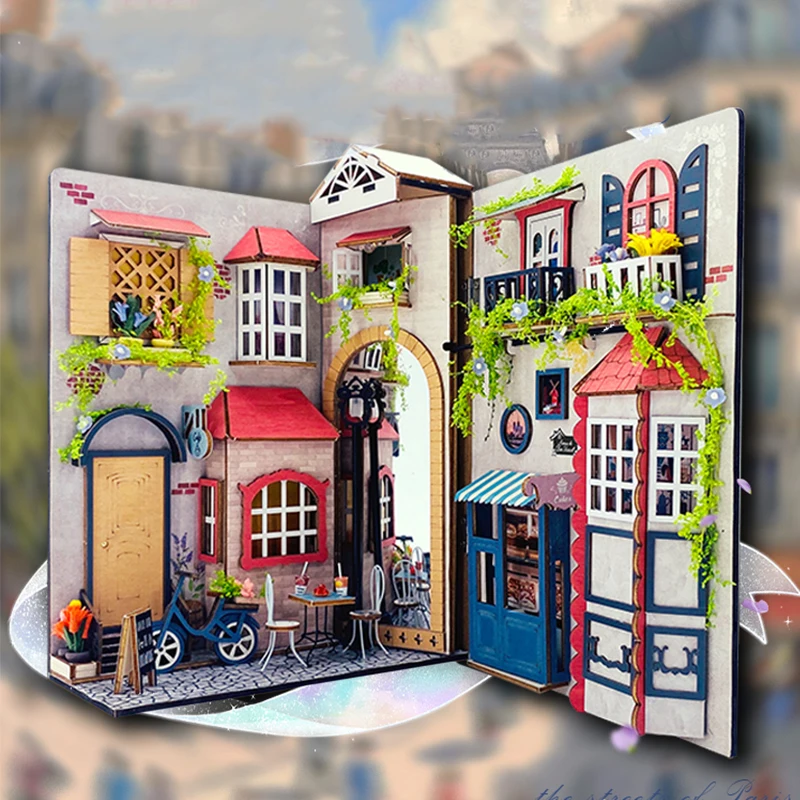 Kit di inserti per scaffali per angoli per libri fai-da-te Parigi Fermalibri Kit modello in miniatura in legno con luci Scaffale per amici Regali di compleanno