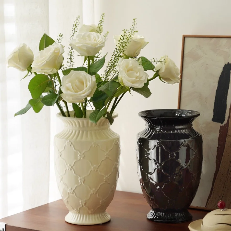 

Relief Ceramic High-Temperature Vase Craft Home Decor Water-Cultivated Fresh Flowers Living Room Accent French Cream Style Mid-C