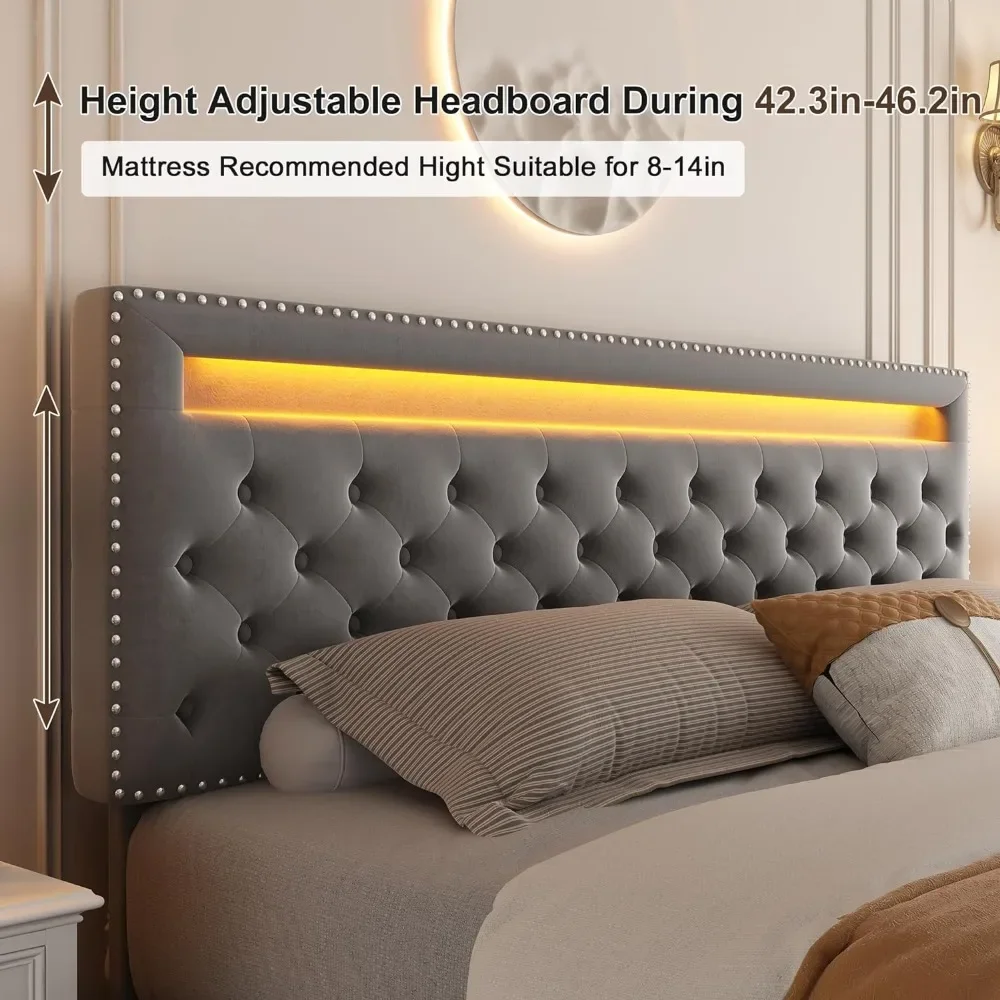 Queen Bed Frame, Led Bed Frame with 4 Storage Drawers, with Smart Control RGBW LED Lights Headboard Footboard