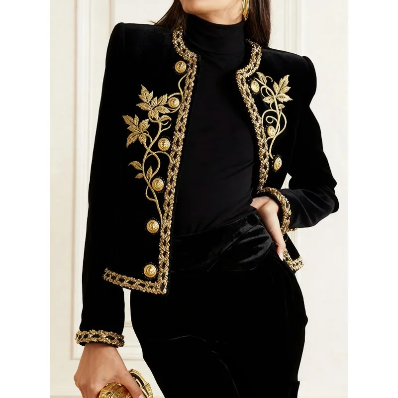 

Women's Elegant Velvet Plus Size Outerwears Long Sleeves Gold Buttons Floral Embroidery Luxury Party Evening Jackets For Ladies