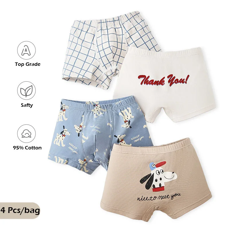 1-12Y Boys' Underwear Cotton Boxers Dinosaur Puppy Pattern Shorts Underpants Kids Briefs Panties 4pcs/pack