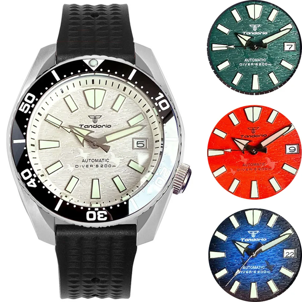 

42.5mm Tandorio Watch For Men Diving 20Bar White Blue Orange Dial 3.8 O'clock Sapphire Glass Luminous Marks Hands Rubber Strap