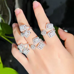 CWWZircons Sparkling Popular Design White Baguette Cubic Zirconia Paved Silver Color Adjustable Open Rings for Women Party R258