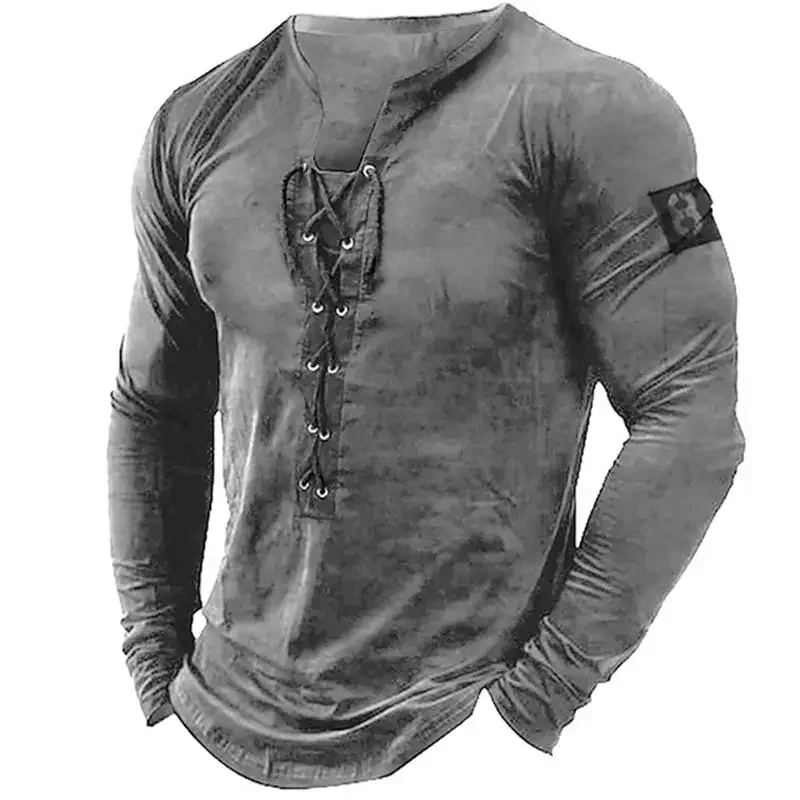 2023 New Men's Long Sleeve Henley Shirt Solid Color Leading Top Casual Beach Bottom Top