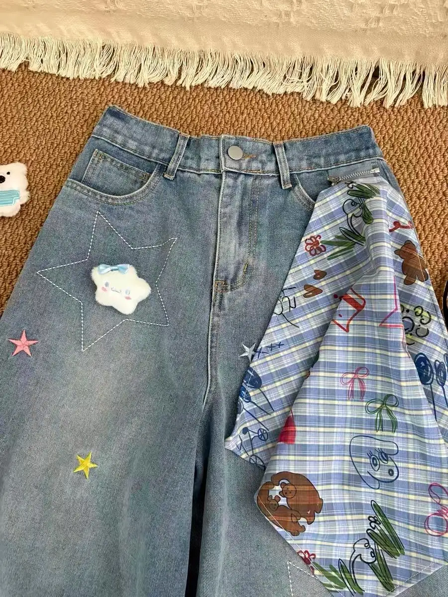 Men Women 2026 Summer New Embroidered Denim Capri Jeans, American Vintage Loose Distressed Wide‑Leg Cropped Pants