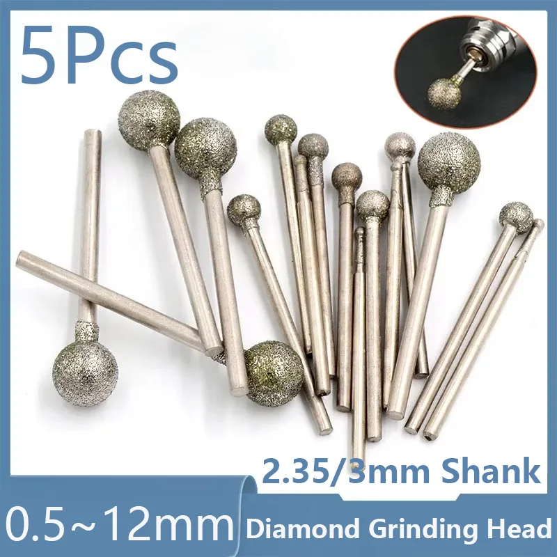 5Pcs Ball Round Diamond Burr Grinding Bits With 2.35mm/3mm Shank Ball Shape Polishing Head For Carving Dremel Rotary Tools