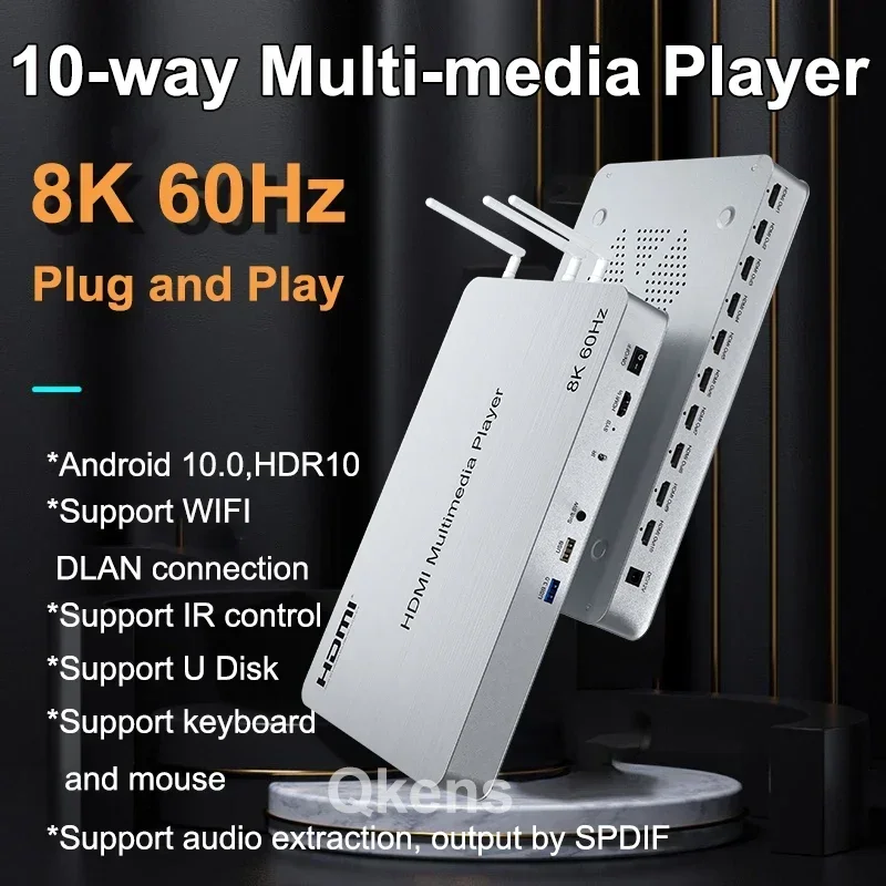 H.265 8K Multimedia Player Andriod 10.0 Box 2K 4K 1x10 10 Way HDMI Support Wifi USB 3.0 Video Player 1 in 10 Out Audio Extract