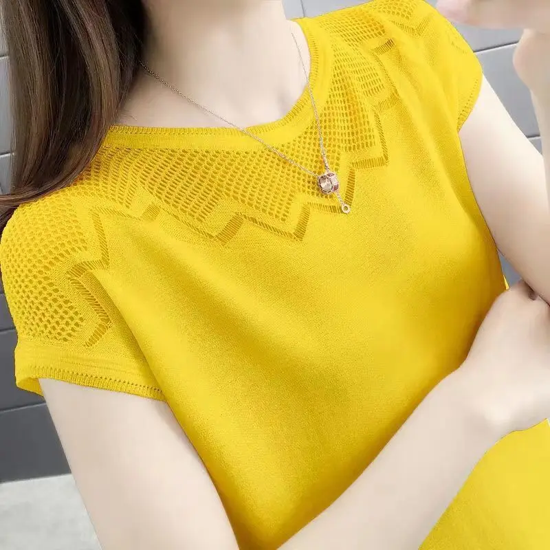 Women\'s Clothing Summer Korean Simple Casual Hollow Knitted T-shirts Female Solid O Neck Loose Short Sleeve Pullover Basic Tops