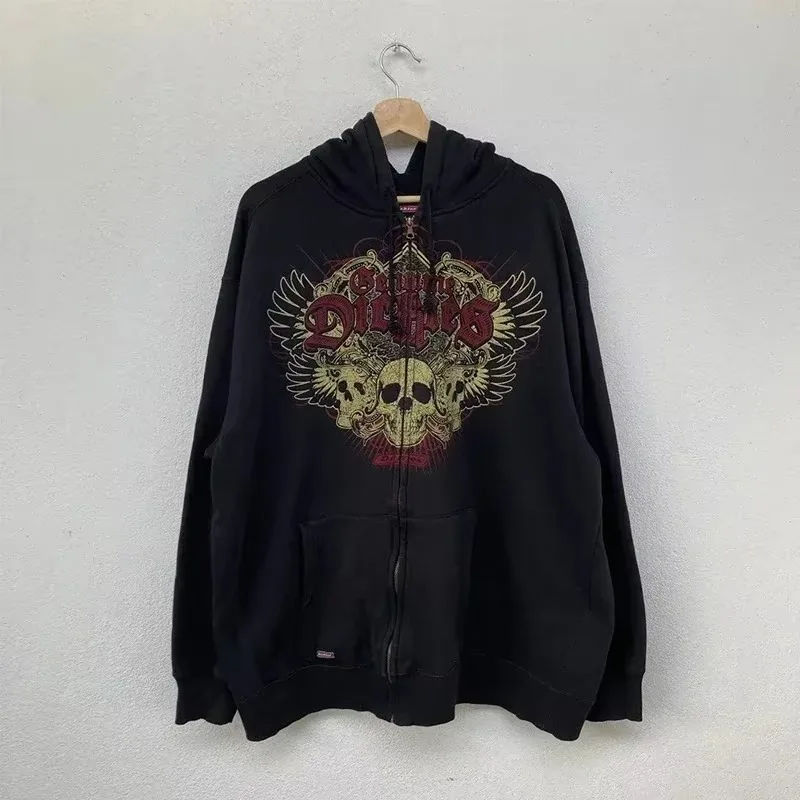 2026 Vintage Gothic Totenkopf Kreuz Flügel Reißverschluss-Hoodie Unisex Oversized Langarm Y2K Heavy Metal Punk Streetwear Jacke für Kinder – Detail 5