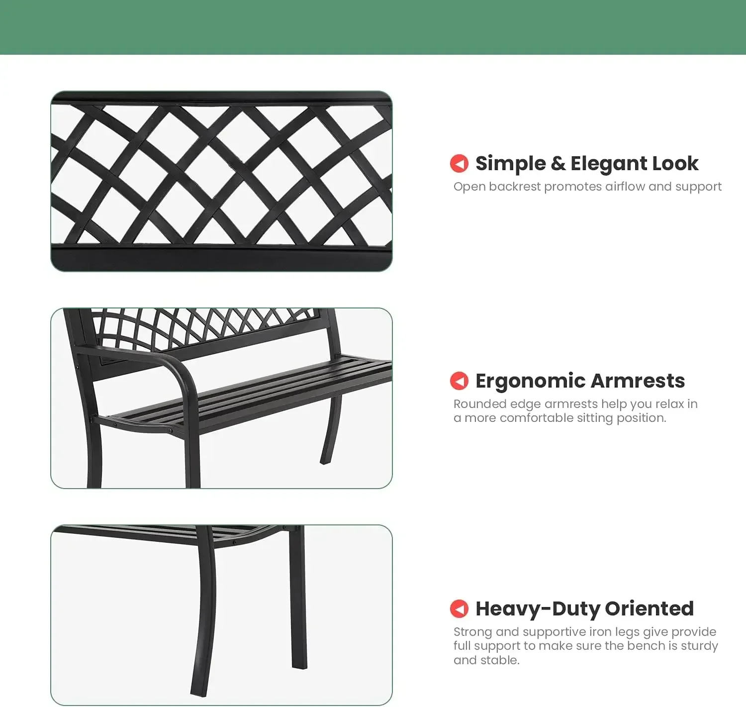 Garden Bench,Outdoor Benches,Iron Steel Frame Patio Bench with Mesh Pattern and Plastic Backrest Armrests ,Black