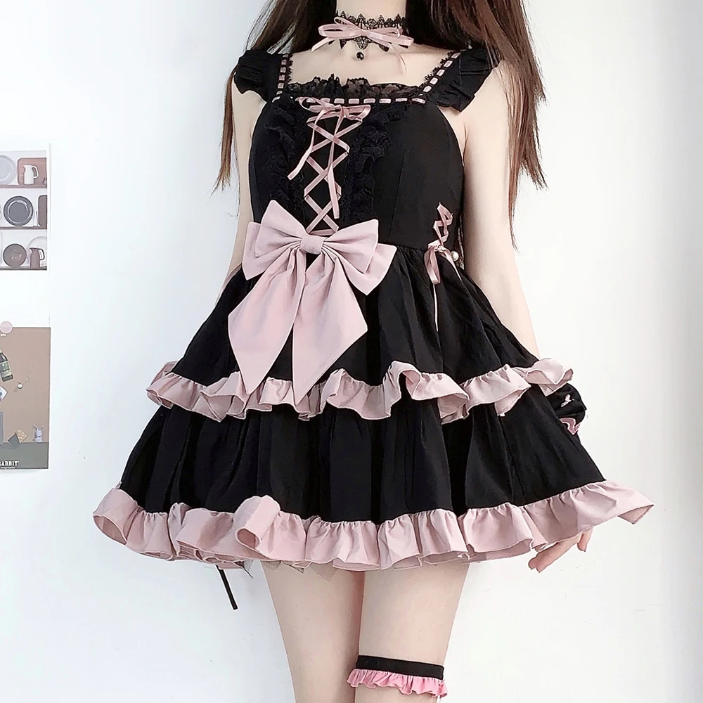 

Black Lolita Jsk Dress Short Gothic Loli Summer Daily Spice Hot Girl Song Dresses Women Kawaii Goth Anime Sweet Maid Vestido