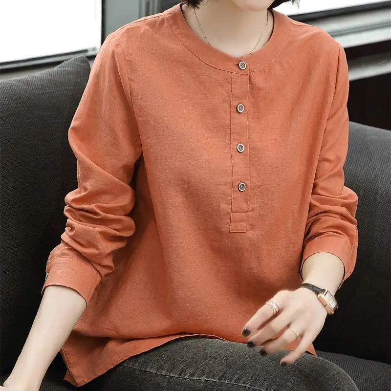 Women's Korean Fashion Vintage Simple Cotton Linen Tunic Blouse Casual Solid O Neck Shirt Long Sleeve Loose Tops Female Clothing