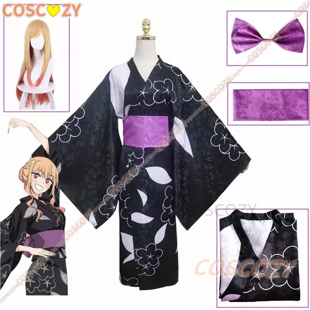 Marin Kitagawa disfraz de Cosplay, Kimono de Anime, My Dress Up Darling Marin Kitagawa, traje de Kimono negro, uniformes de fiesta de Halloween