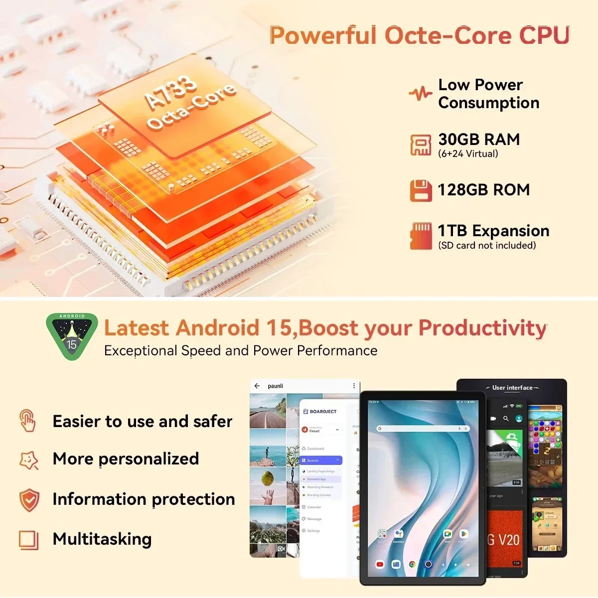 10inch Tablet Android15 Tablets Octa Core 30GB RAM 128GB ROM 1TB Micro SD with WiFi 6 Widevine L1 6200mAh Touchscreen OTG PC PAD