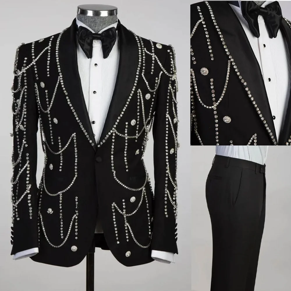 

Shining Men Suit 2 Pieces Jacket Pants Single Breasted Shawl Lapel Handmade Rhinestones Formal Occasion Wedding Customized