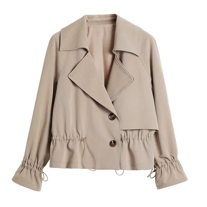 Damska luźna kurtka koreańska na wiosnę i jesień 2025, elegancka, podkreślająca talię, krótka wiatrówka.