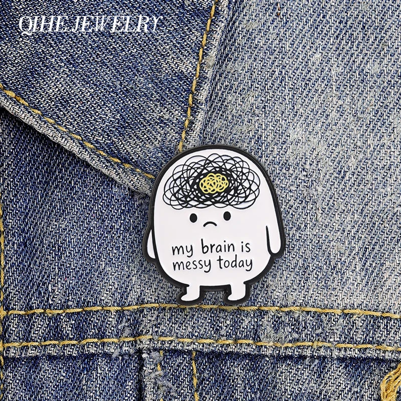My Brain Is Messy Today Enamel Pins Mental Health Brooch Cute Tangled Brain Lines And Sad Tired Stick Figure Badge Jewelry Gifts