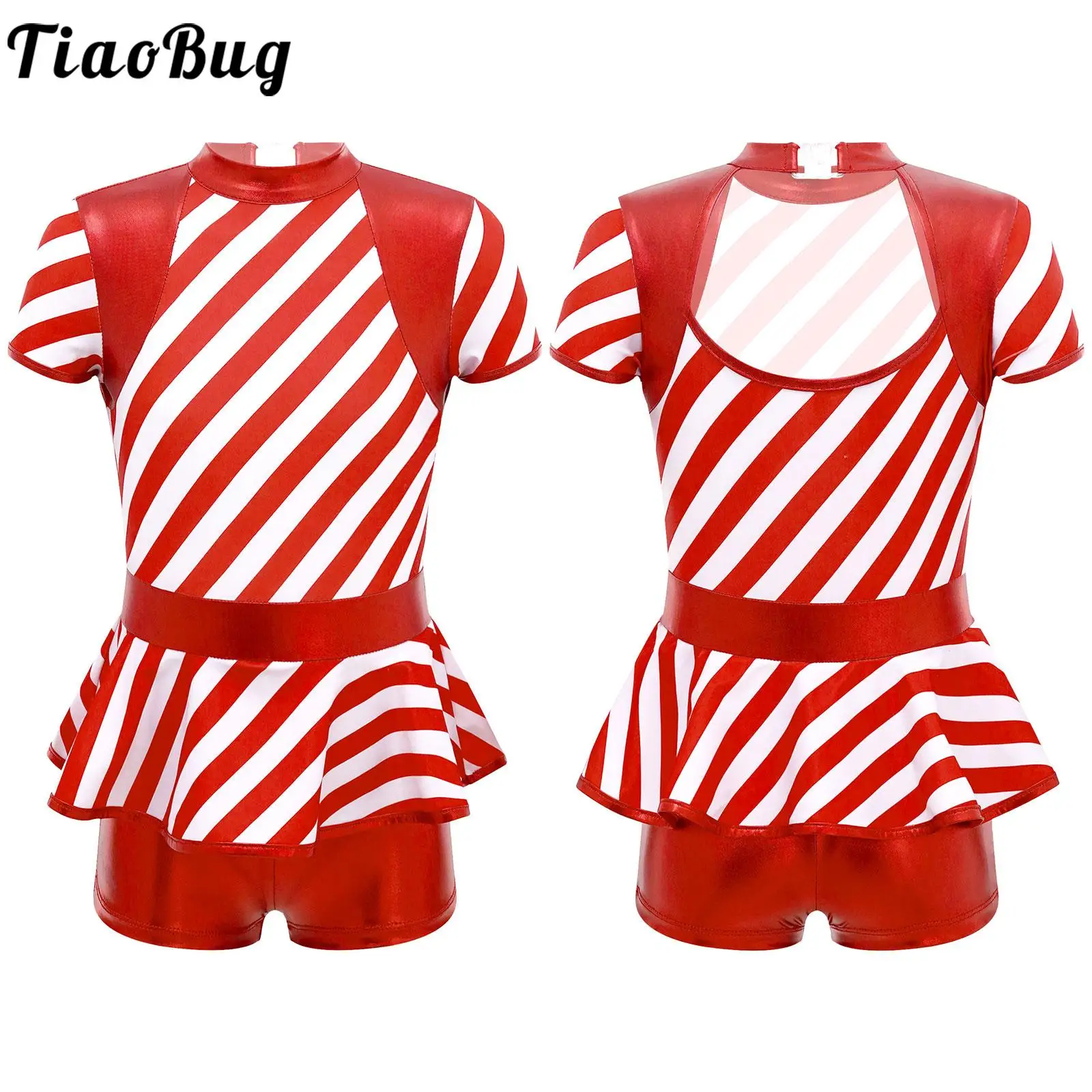 

Kids Girls Christmas Stripes Shorty Unitard Dress Festival Ballet Gymnastics Leotard Jumpsuit Bodysuit Stage Performance Costume