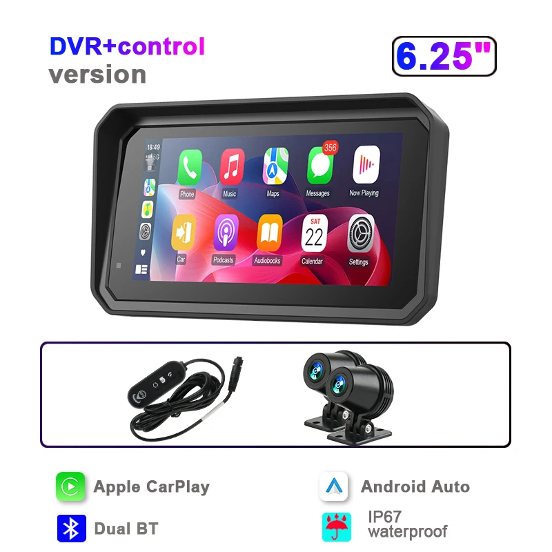 JMCQ Draagbare 6.25 inch Motorfiets GPS Navigatie IPX7 Waterdichte Draadloze CarPlay Android Auto Drive Recorder Ondersteuning 4K DVR