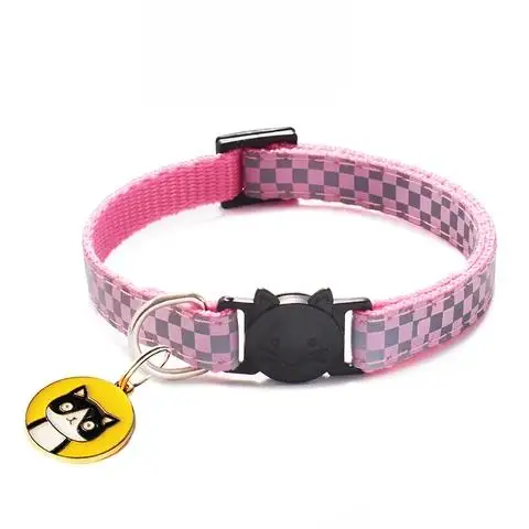 Cat Pattern Reflective Check Collar Pets Grid Buckles Nylon Adjustable Accessories Outdoor Pet Pendants Cats 12 Colors