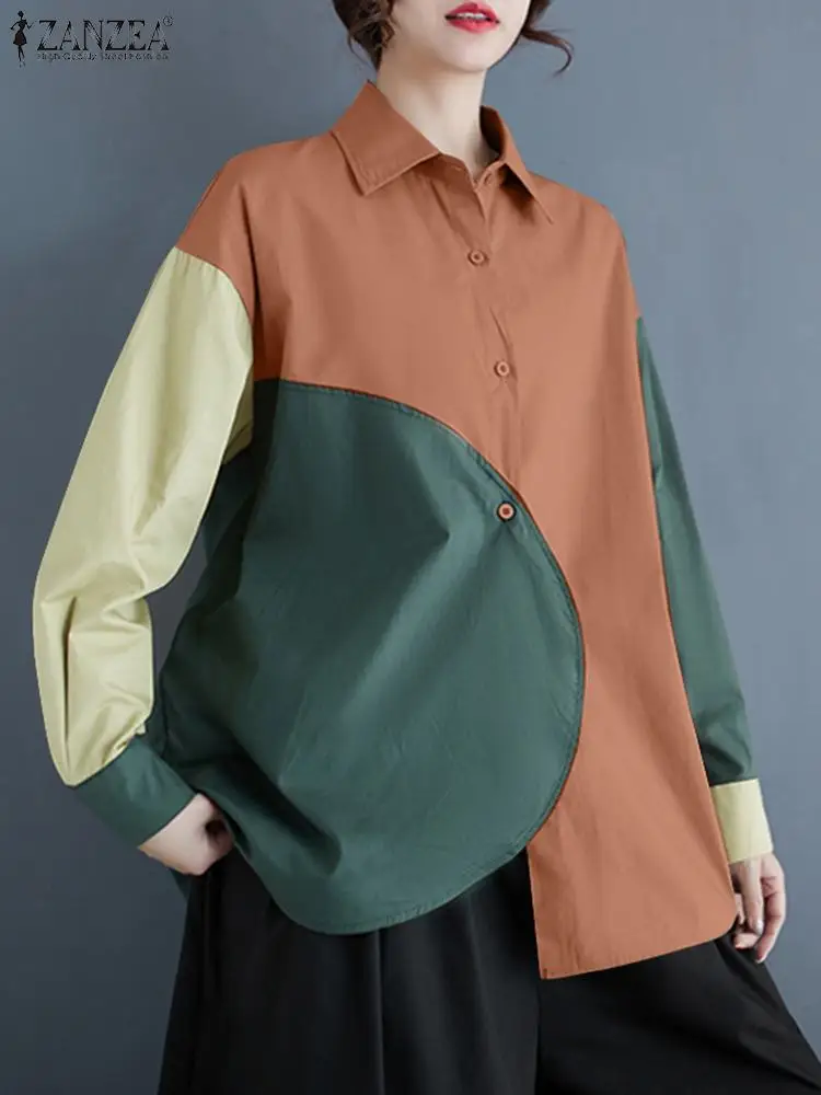 ZANZEA Women Colorblock Shirt 2024 Autumn Irregular Patchwork Tops Korean Fashion Long Sleeve Blusas Streetwear Buttons Tunic