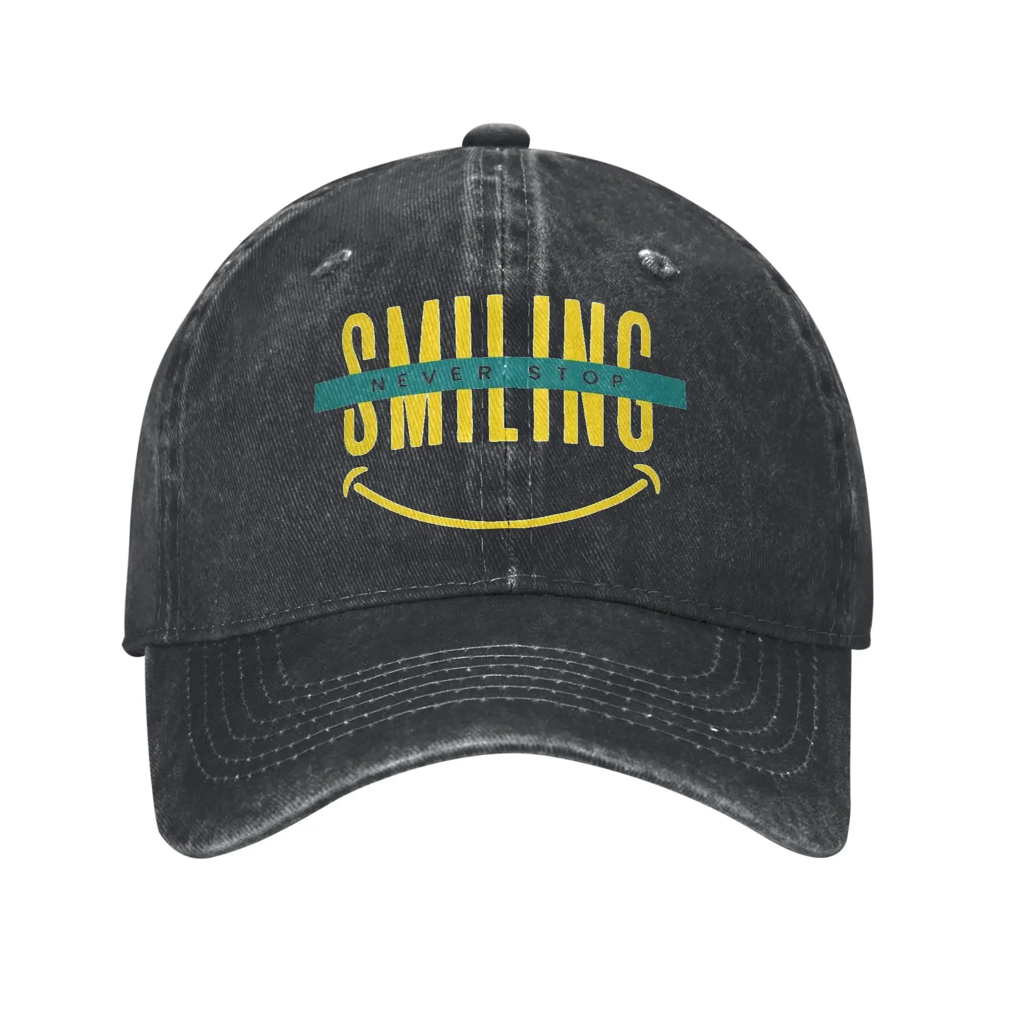 Classic Never Stop Smiling Funny Baseball Cap For Men Women Distressed Denim Snapback Hat Outdoor Summer Soft Caps Hat