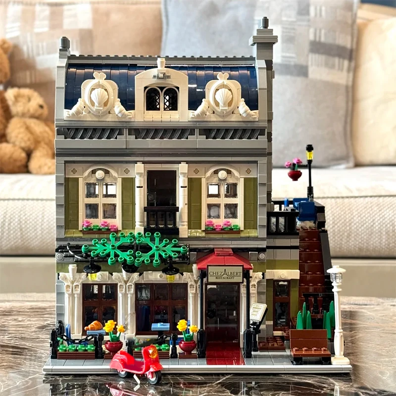 Bloques de construcción de restaurante parisino con vista a la calle creativa, modelo de arquitectura, montar ladrillos, juguete para regalo para niños, chico, adulto y niña