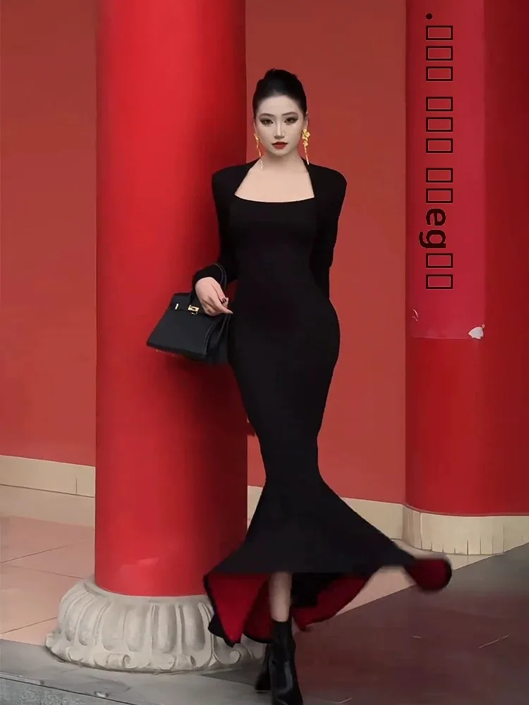 

Ele Plump Women's Dr Square Collar Waist Cinching Fi Tail Skirt High Waist Bal Long Sve Winter Faion