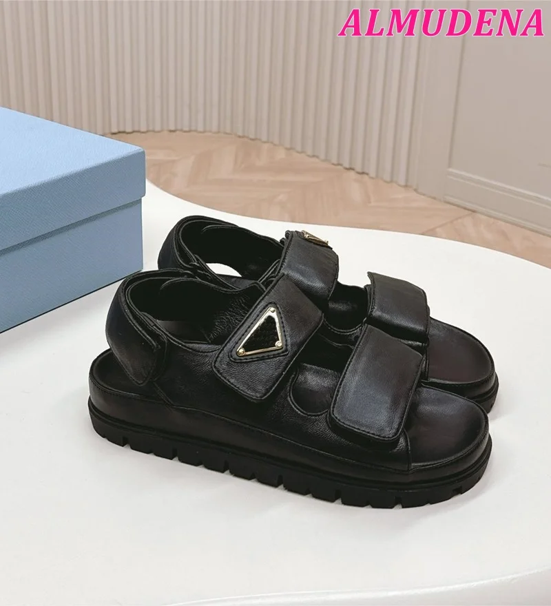 2024 Summer New in Luxury Designer Soft Leather Sandals Women Flat Buckled Black/White Everyday Dress Beach Shoes on Offer