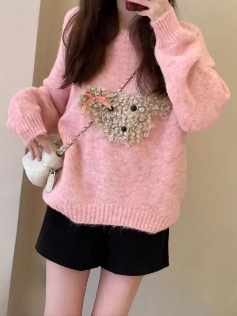 

Женский новый розовый свитер с капюшоном с мультяшным узором, весенне-осенний утолщенный милый ленивый базовый вязаный свитер с круглым вырезом и длинными рукавами, модный