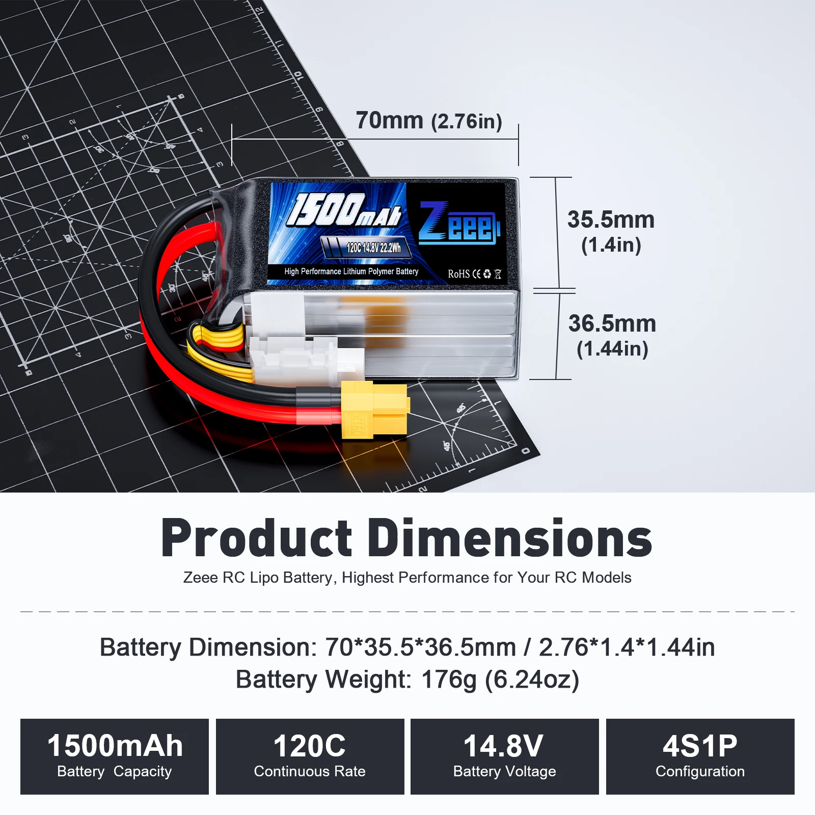 Zeee-Batterie Lipo 4S, 1500mAh, 14.8V, 100C, 120C, avec compte 60, prise softcase, pour voiture, camion, Bumosquito, FPV, drones, avion RC, 2 pièces