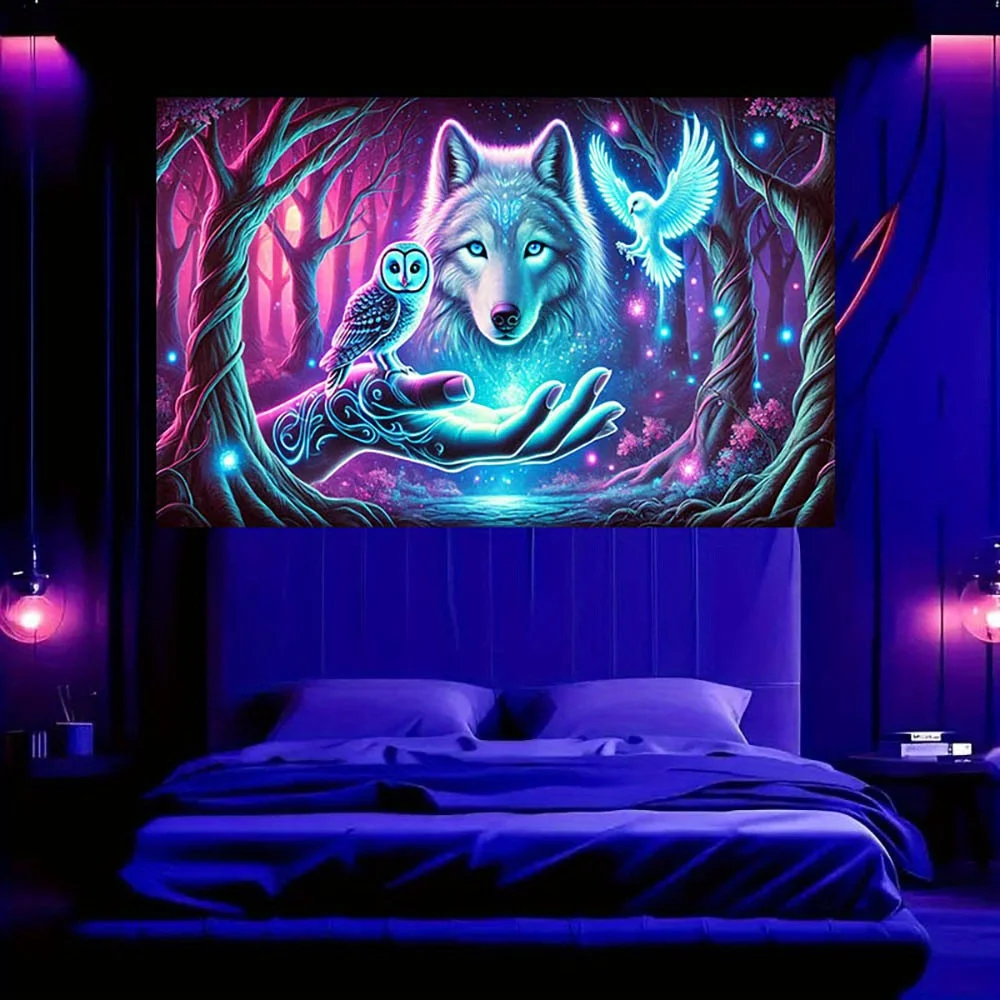 VIKAMA Black Light Magic Wolf Tapestry psychedelic Forest Wall Carpet Owl and Elf Hand Art Living Room Room Decoration