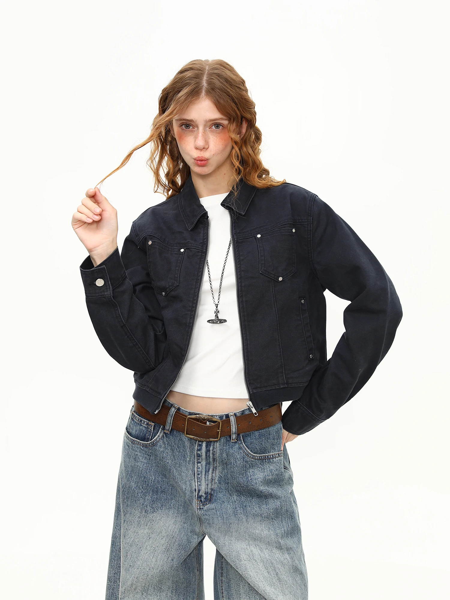 

Wild Aziz American Retro Rivet ort Jaet Women's High-End Feel Collarcoat American Spicy Casual Top Street Sle Loose Fit