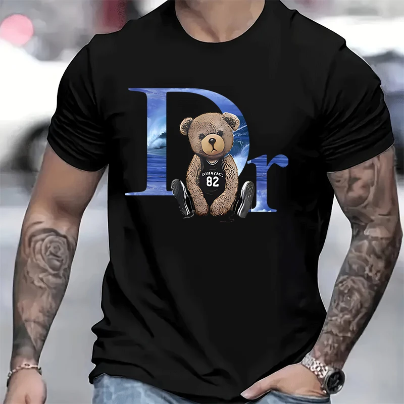 Men's short T-shirt, pure cotton round neck top, loose and comfortable casual T-shirt, suitable for travel and daily use, bear b