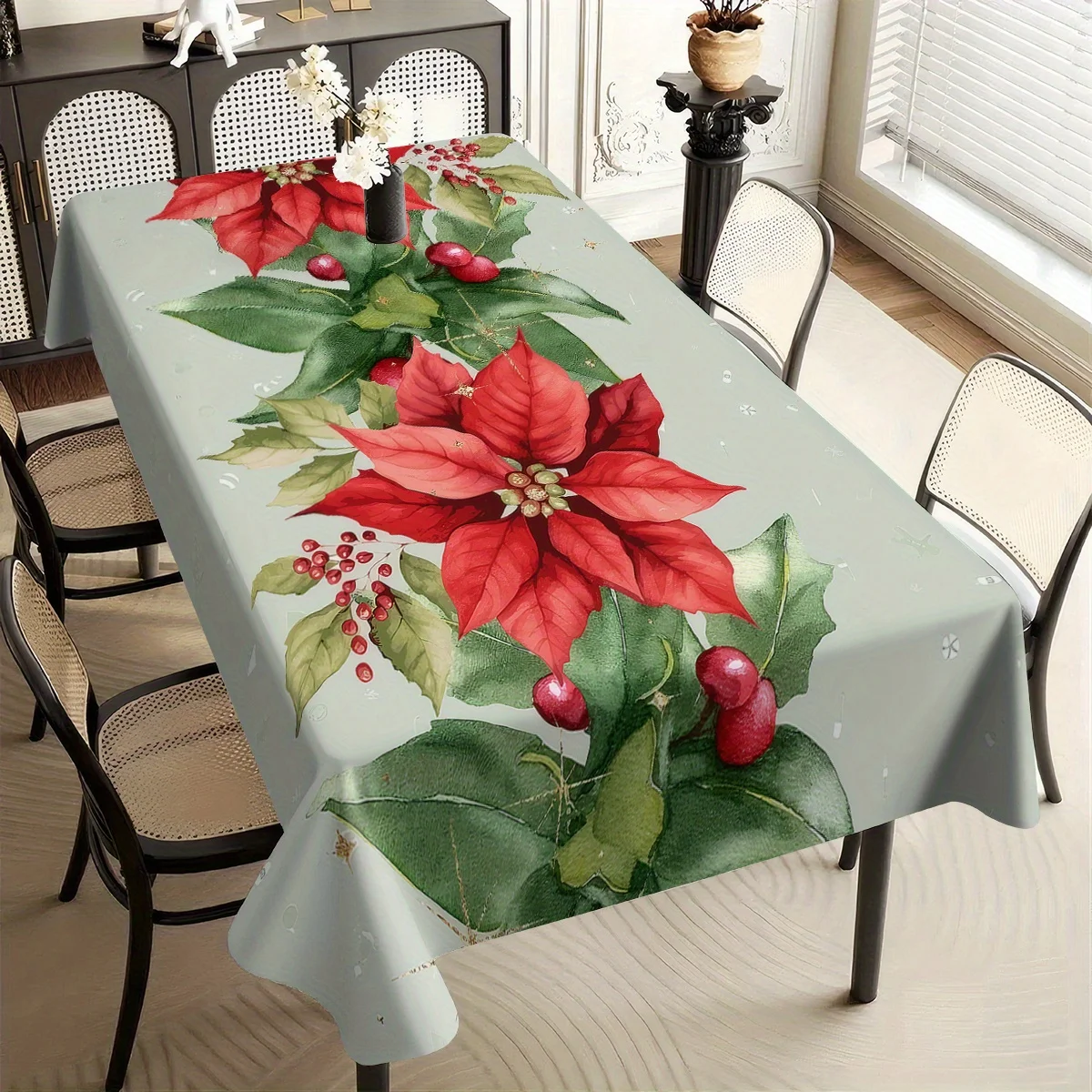 1pc Creative Christmas Red Poinsettia Light Cyan Contrast Color Printed Foldable And Easy-to-Store Polyester TableclothSuitable