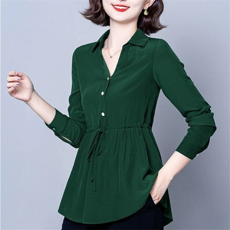 Elegant Chic V Neck Long Sleeve Solid Slim Office Lady Shirts Korean Fashion Lace Up Commute Top Blouse Women Blusas Clothes2023