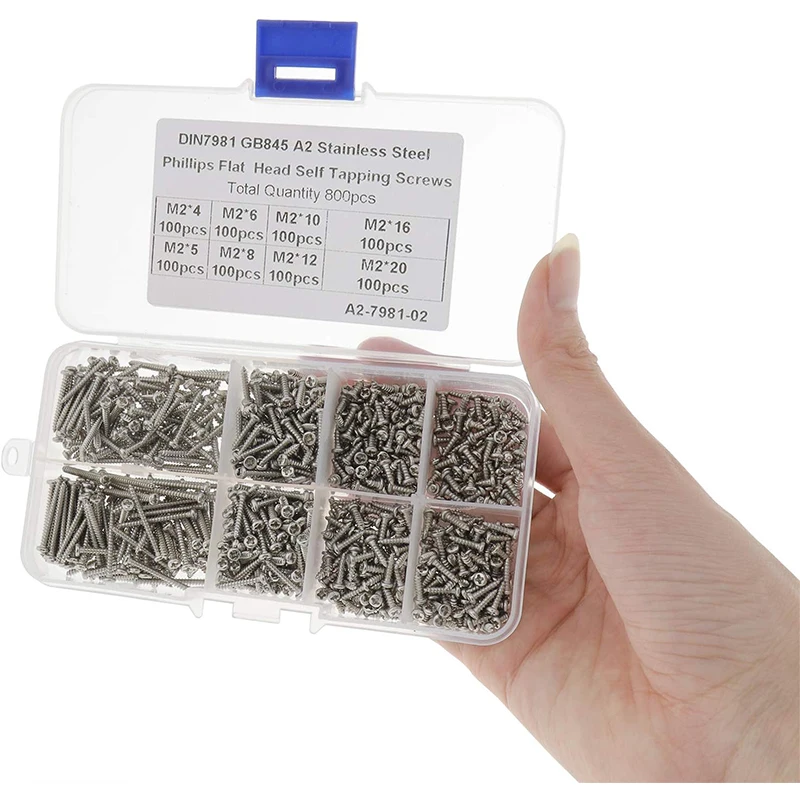 800Pcs Stainless Steel Self Tapping Screw M2x4 M2x5 M2x6 M2x8 M2x10 Tapping Wood Crew Fastener Kit Lock Screw Bolt Nut Set