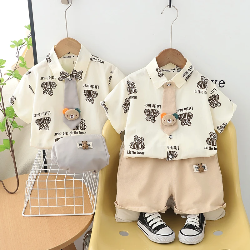 Kids Boy Summer Fashion Cotton Clothes Children Boys Bear Print Tie Shirts Shorts 2Pcs/Set Infant Toddler Tracksuits 0-5 Years