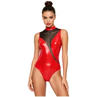 Womens Patent Leather Bodysuit Jumpsuit Sleeveless Invisible Zipper Back Mesh Patchwork Shiny Leotard for Disco Party Clubwear - Image 2