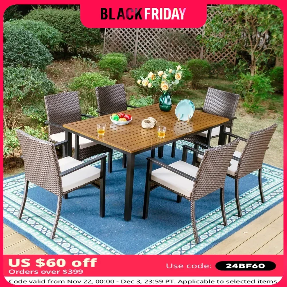 Metal Outdoor Patio  Table Rectangular,Large  Slat Tabletop, Adjustable Umbrella Furniture for Porch  Teak Outdoor Tables