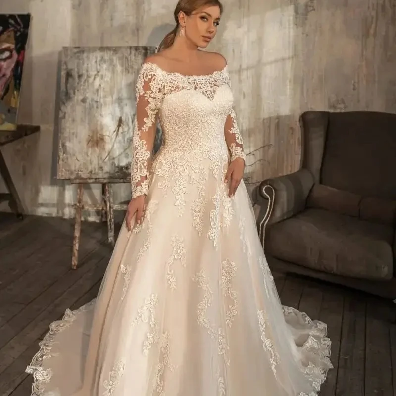 Abito da sposa taglie forti 2026 Collo trasparente maniche lunghe Illusion Bottoni posteriori Applique in pizzo Abiti da sposa da sposa vestido de novia