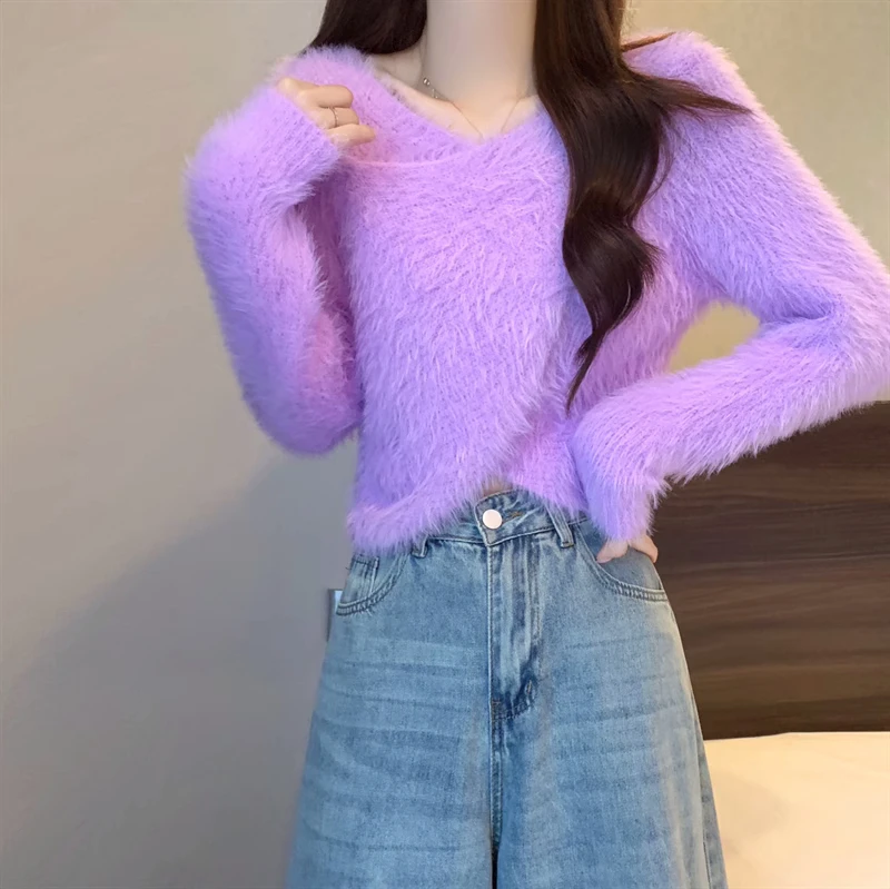 Fluffy Surplice Sweater Pullovers Women Soft Fuzzy Long Sleeve Knit Jumper Pink Crop Sweater Fall Winter Y2K 90s Outfit